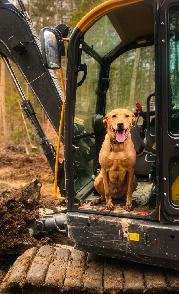 Maro the dog, Job Site Supervisor at JR General Contracting, sitting in an excavator
