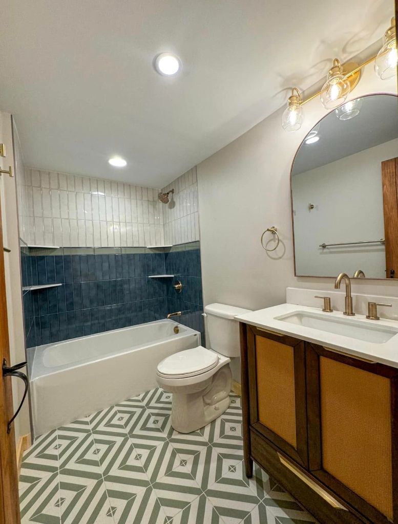 Full bathroom renovation with geometric tile in Maine