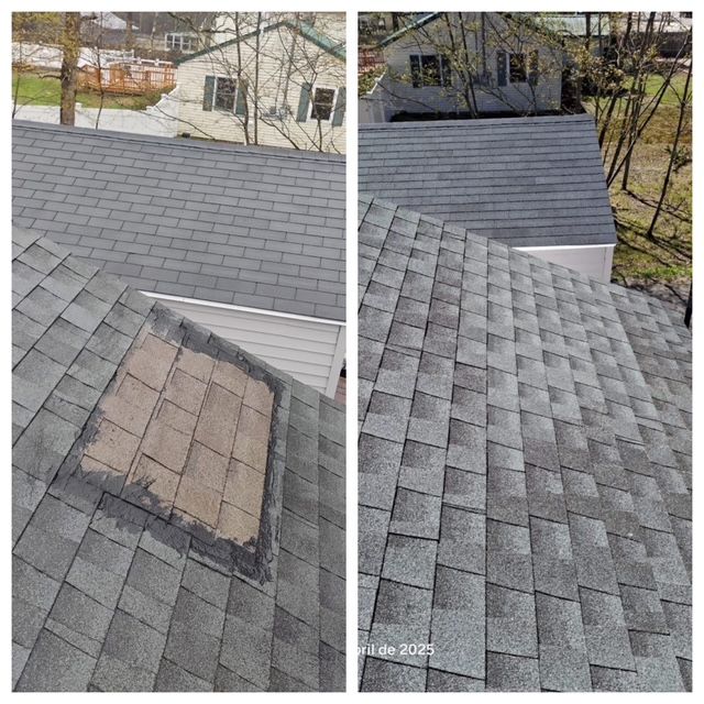 Before and after roof shingle repair in Maine